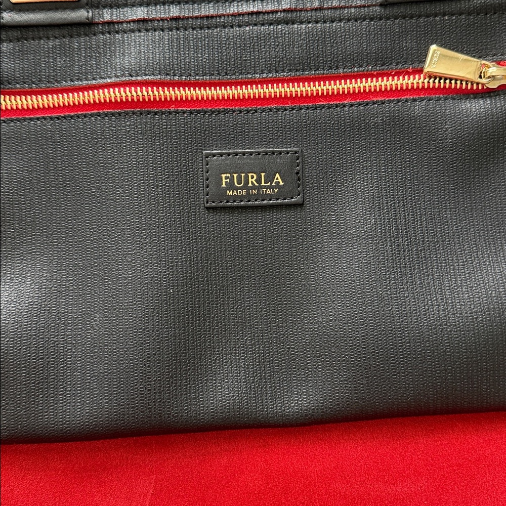 Furla Red Suede Tote with Black Leather Pocket - Picture 11 of 12
